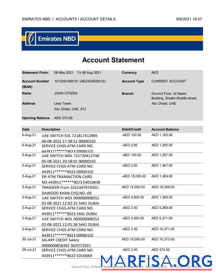 Printable UAE Abu Dhabi Emirates NBD bank statement excel download for verification